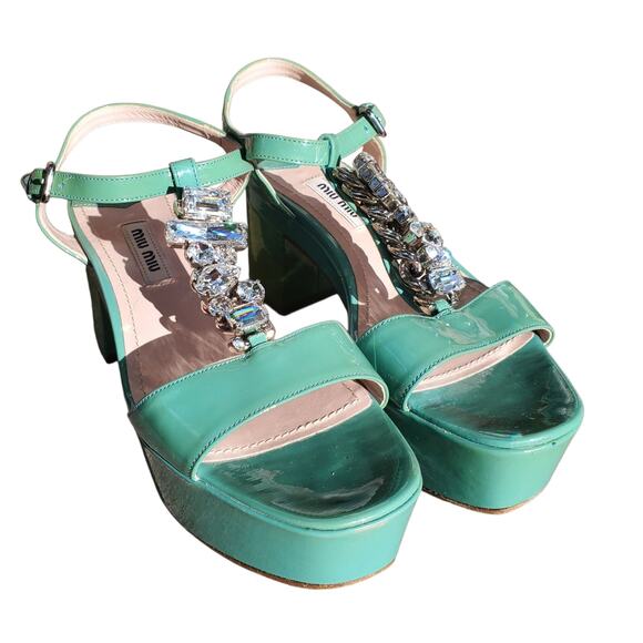 Miu Miu Green Patent Leather Crystal Platform Ankle Strap Sandals - Size 35 - Picture 2 of 9
